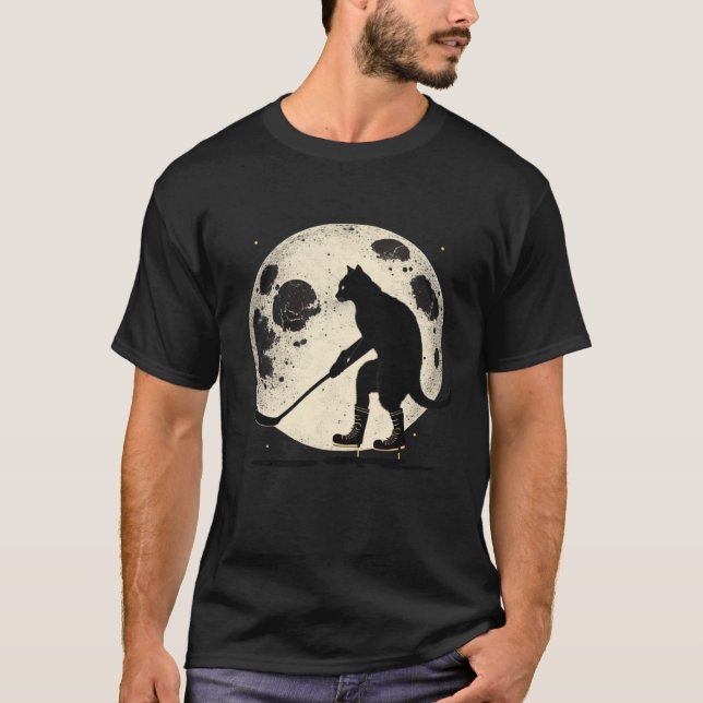 T-shirt Black Cat Hockey Moon Graphic Tees Men Women Boys  (Devant)