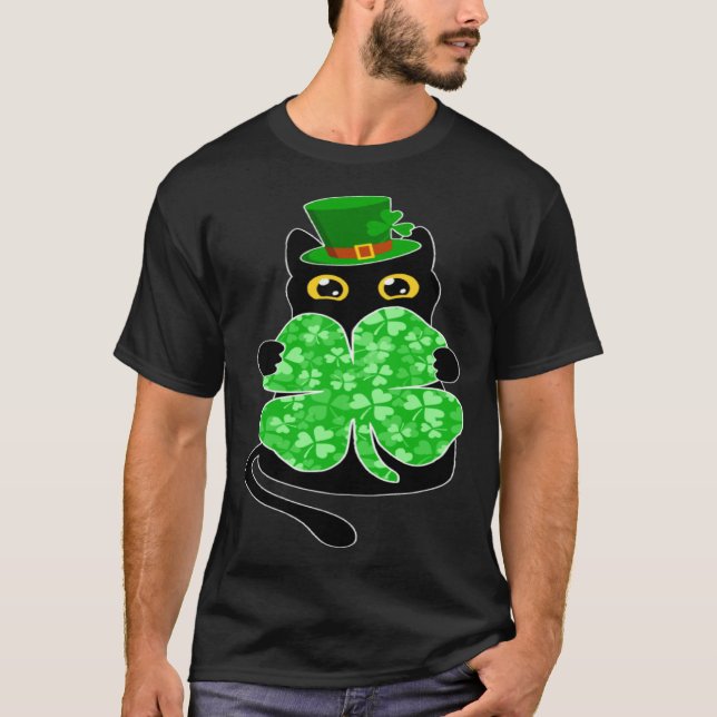 T-shirt Black Cat Holding C Shamrock St Patricks Day 2023 (Devant)