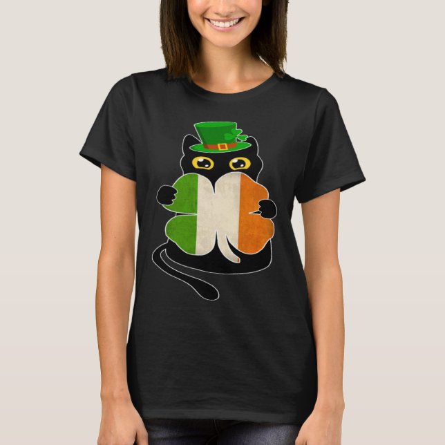 T-shirt Black Cat Holding Shamrock Irish Flag St Patricks  (Devant)