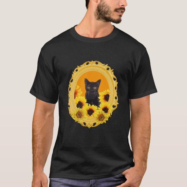 T-shirt Black Cat in yellow Sunflower Frame (Devant)