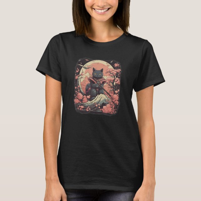 T-shirt Black Cat Japanese samurai ninja warrior flowers,  (Devant)
