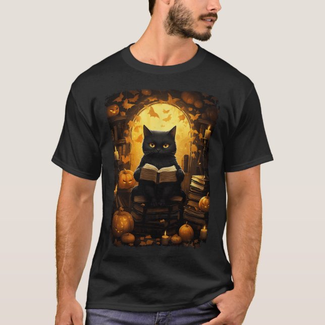 T-shirt Black Cat Lecture Livres Citrouille Automne Enseig (Devant)