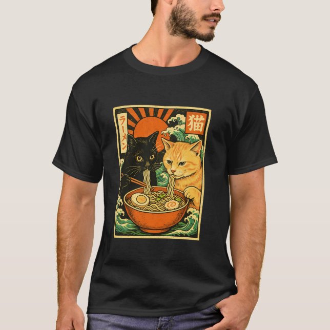 T-shirt Black Cat Orange Cat Slurping Ramen Japanese Cat R (Devant)