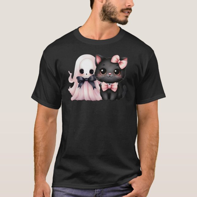 T-shirt Black Cat Pink Ghost Halloween Pink Bows Coquette  (Devant)