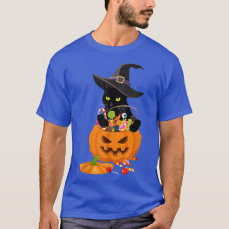 T-shirt Black Cat Playing With Jack O Lantern Pumpkin Hall