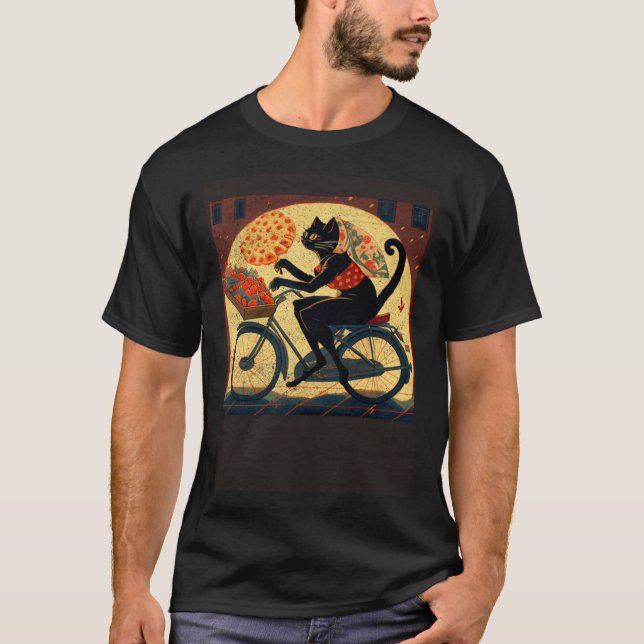 T-shirt Black Cat Riding Pizza (Devant)