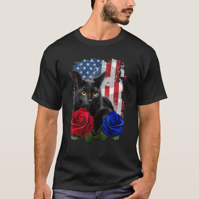 T-shirt Black Cat Rose American Flag Happy 4th Of July (Devant)