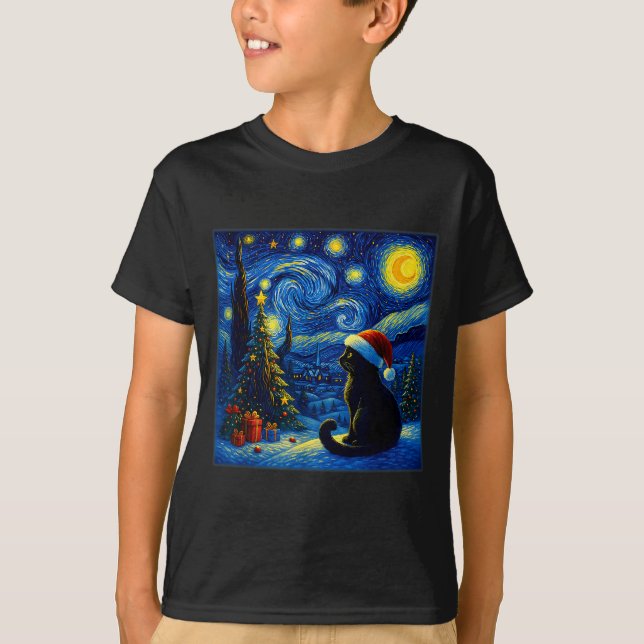 T-shirt Black Cat Santa Hat Van Gogh Starry Night Christma (Devant)