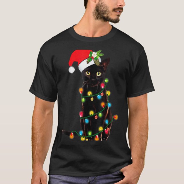 T-shirt Black Cat Santa Tangled Up In Christmas Lights _1  (Devant)