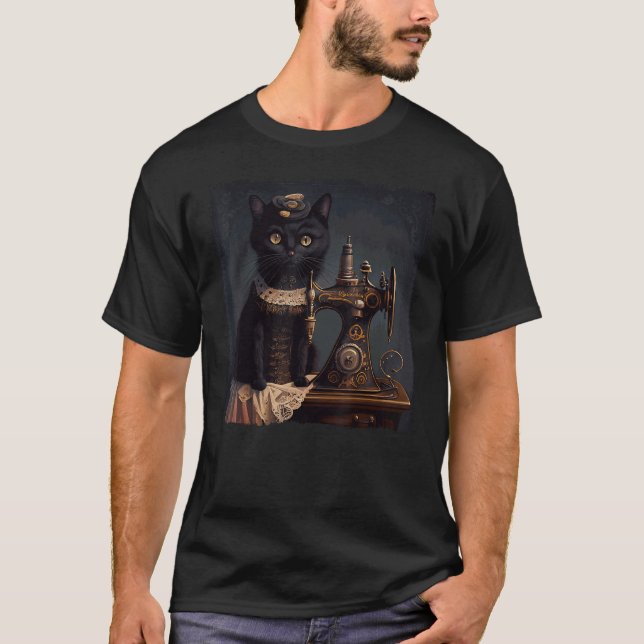 T-shirt Black Cat Sewing Steampunk (Devant)