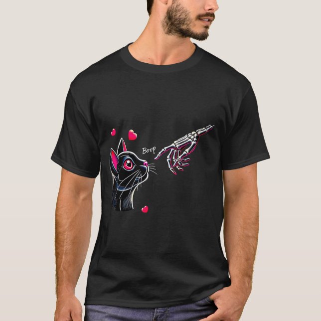 T-shirt Black Cat Skeleton Hand Boop Valentines Day Pet O  (Devant)