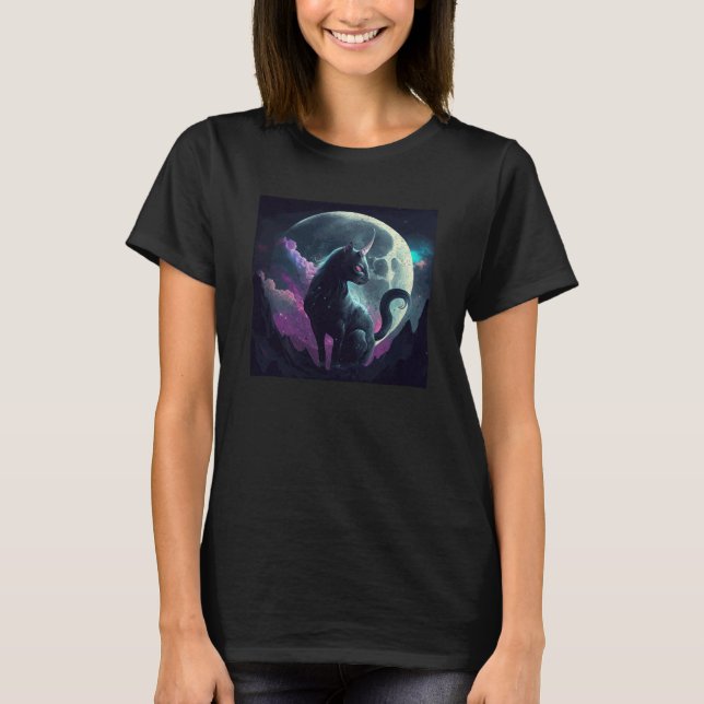 T-shirt Black Cat Unicorn Moon (Devant)