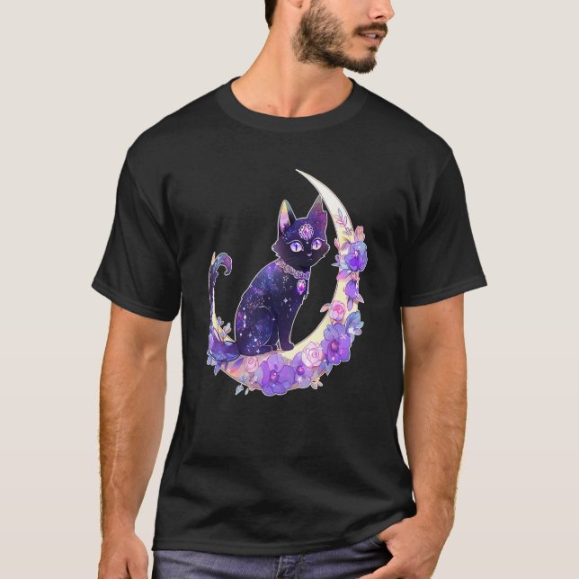 T-shirt Black Cat Witch Crescent Moon Witchy Crystal Paste (Devant)