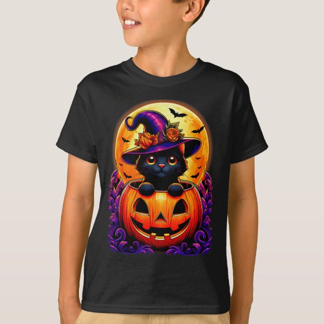 T-shirt Black Cat Witch Hat Pumpkin Funny Halloween Men Wo (Devant)