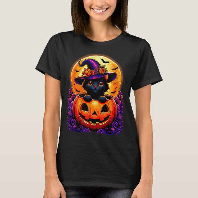 T-shirt Black Cat Witch Hat Pumpkin Funny Halloween Men Wo (Devant)
