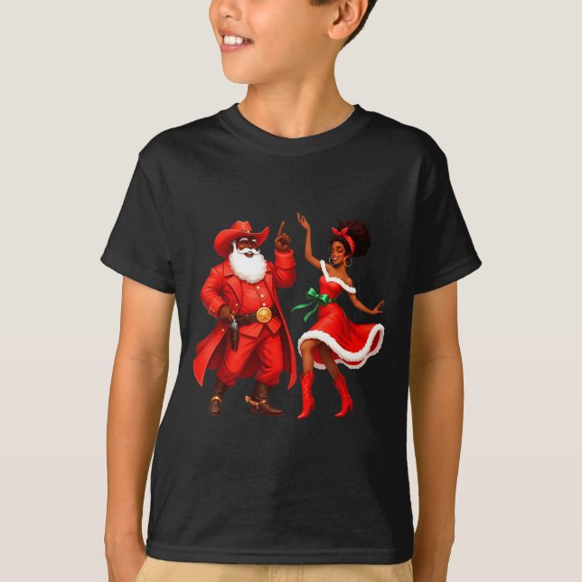 T-shirt Black Cowboy And Santa Cowgirl Christmas Western X (Devant)