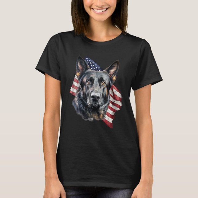 T-shirt Black German Shepherd 4th Of July Dog  American Fl (Devant)