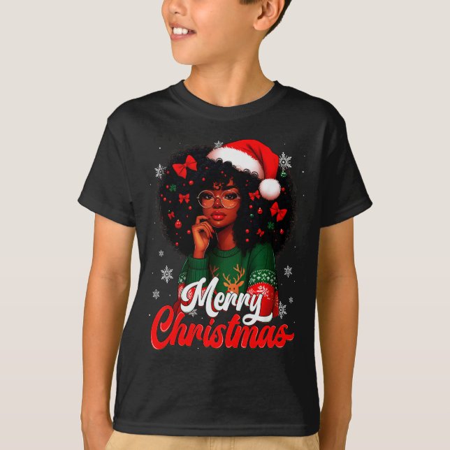 T-shirt Black Girl Santa Hat Merry Christmas Pajama Africa (Devant)