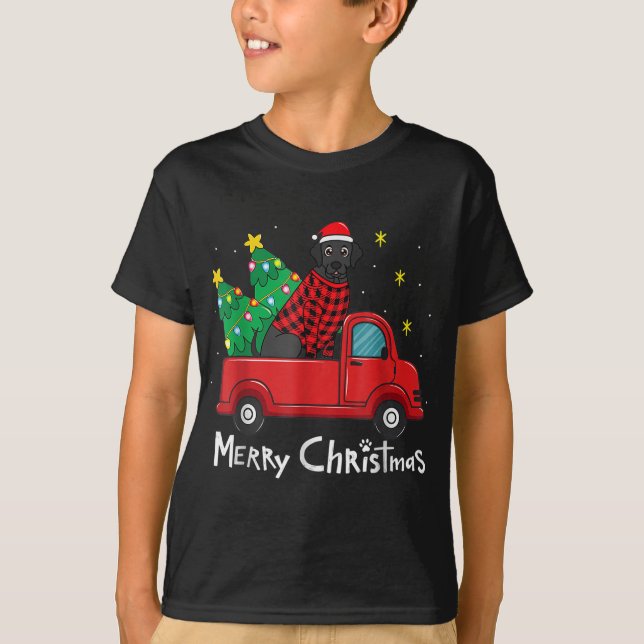 T-shirt Black Labrador Christmas Truck Tree Red Plaid Chie (Devant)
