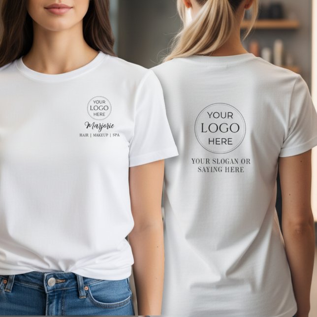T-shirt Black Script Employee Name Business Logo Makeup (custom modern black script employee name business logo makeup hair salon tshirt)