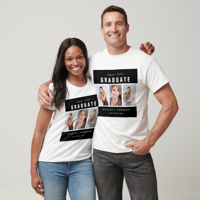 T-shirt Black White Graduation Photo Collage personnalisé  (Unisexe)