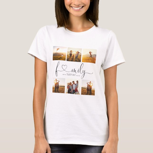 T-shirt Black & White Heart Script 6 Photo Family Collage (Devant)