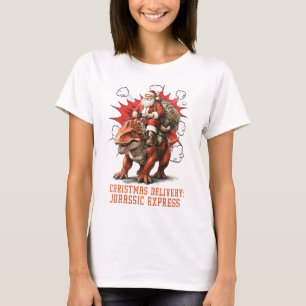 T-shirt blanc femme avec Santa sur un dinosaure