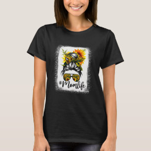 T-shirt Bleached Maman Vie Messy Bun Sunflower Fête des mè