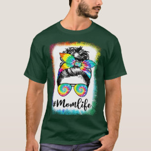 T-shirt Bleached Messy Bun Maman Vie Tie Dye Fête des mère