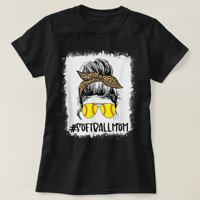 T-shirt Bleached Softball Maman Vie Leopard Messy Bun Jeu  (Design devant)