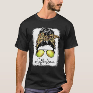 T-shirt Bleached Softball Maman Vie Leopard Messy Bun Jeu