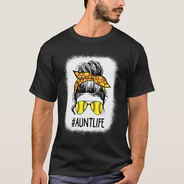 T-shirt Bleached Softball Tante Life Messy Bun Fête des Mè (Devant)