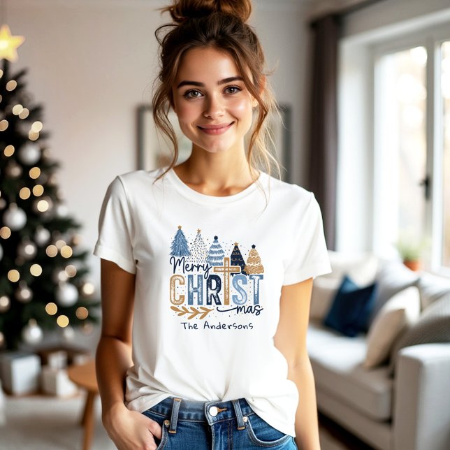 T-shirt Bleu Arbres modernes Christian Jésus Nom de Noël (Blue Modern Trees Christian Jesus Christmas Name T-Shirt)