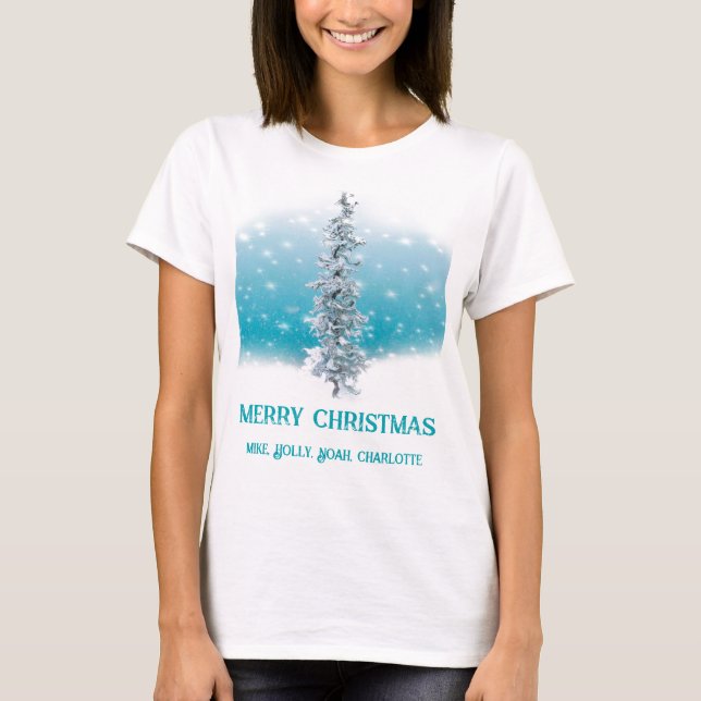 T-shirt bleu arctique gelé argenté brillant à feuillage pe (Devant)