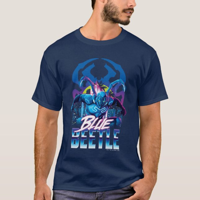T-shirt Bleu Beetle Rétrowave Ville coucher du soleil (Devant)