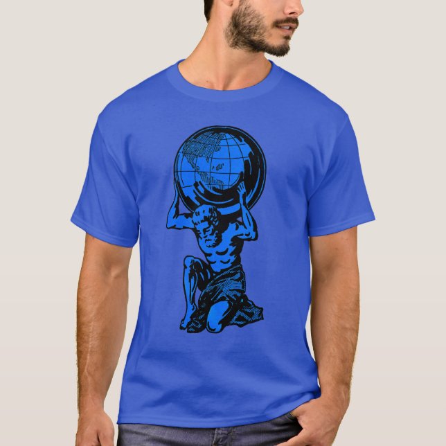 T-shirt bleu d'haltérophilie de mythologie d'atlas (Devant)