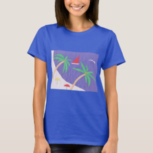 T-shirt bleu foncé avec scène de plage