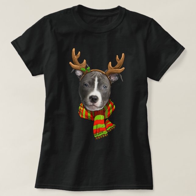 T-shirt Bleu Nez Pitbull Chien xmass Reindeer Noël Lien (Design devant)