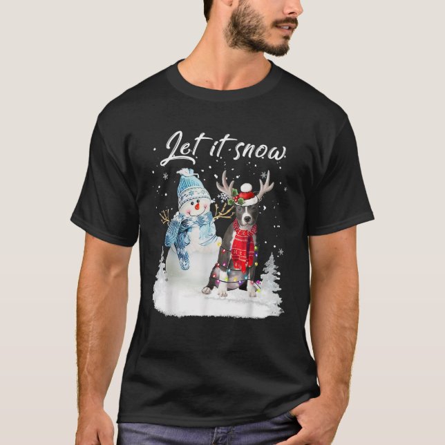 T-shirt Bleu Nez Pitbull Père Noël Chien Noël Snowman Noël (Devant)
