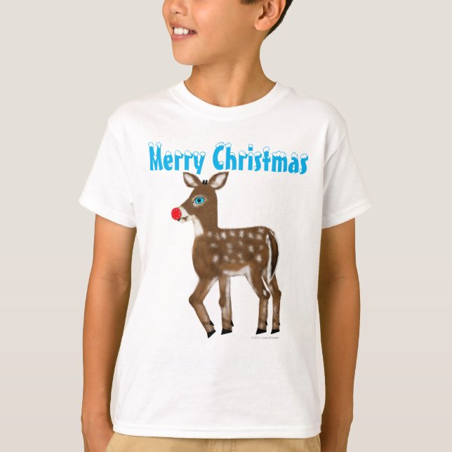 T-shirt Bleu Oeil Rouge Nez Reindeer Joyeux Noël (Devant)