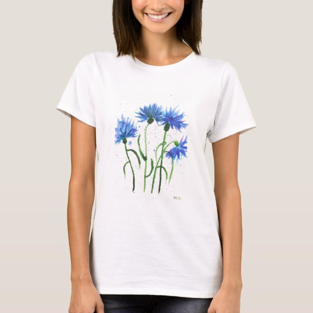T-shirt Bleus bleuets fleurs aquarelle rustique joli (Devant)