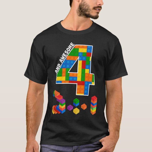 T-shirt Blocs de construction briques 4 ans Awesome Birthd (Devant)