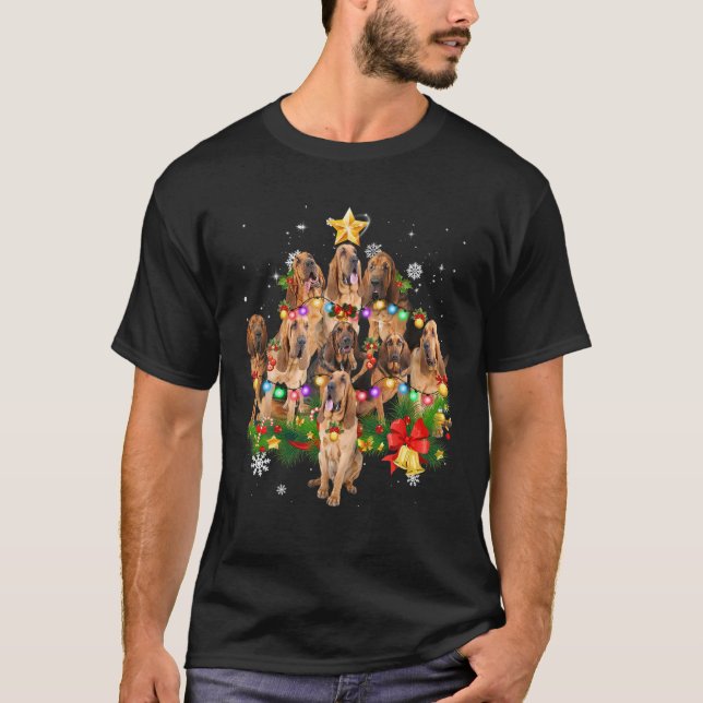 T-shirt Bloodhin Noël Chien Arbre Lumières Pyjamas Famille (Devant)