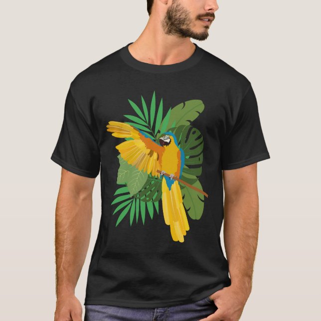 T-shirt Blue and Gold macaw with leaves (Devant)