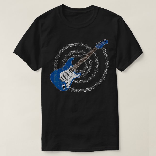 T-shirt Blue Electric Guitar Spiraling Musical Notes  (Design devant)