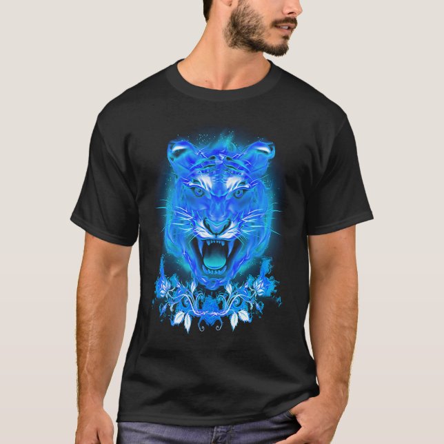 T-shirt Blue Fire Flaming Tiger Cat (Devant)