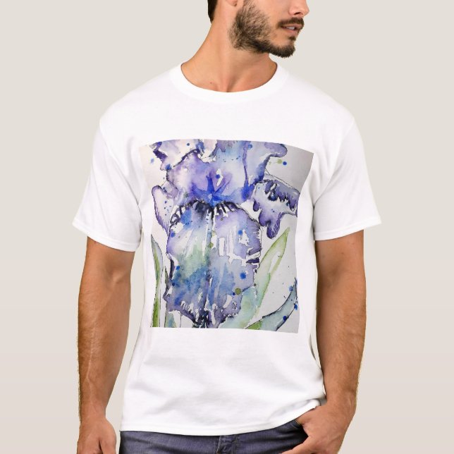 T-shirt Blue Iris Art floral Aquarelle Art (Devant)