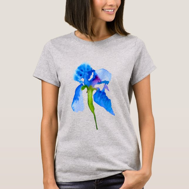 T-shirt Blue Iris moderne aquarelle art floral (Devant)