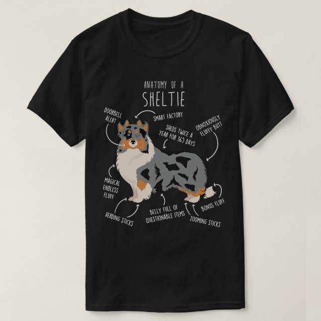 T-shirt Blue Merle Sheltie Shetland Sheepdog Anatomie 2 (Design devant)