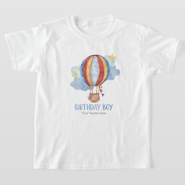 T-shirt Blue Red Hot Air Balloon Stars Joyeux Birthday Boy (Poser)